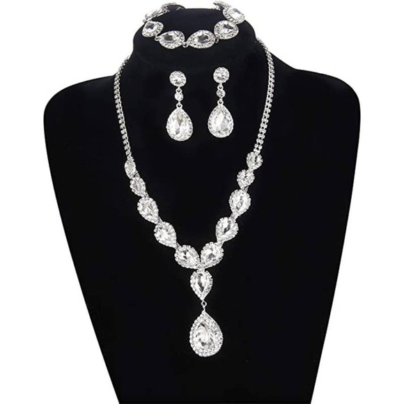 Diamond Crystal Necklace Set CZ Zircon Rhinestone Necklace Bracelet Earrings Set - Picture 2 of 7